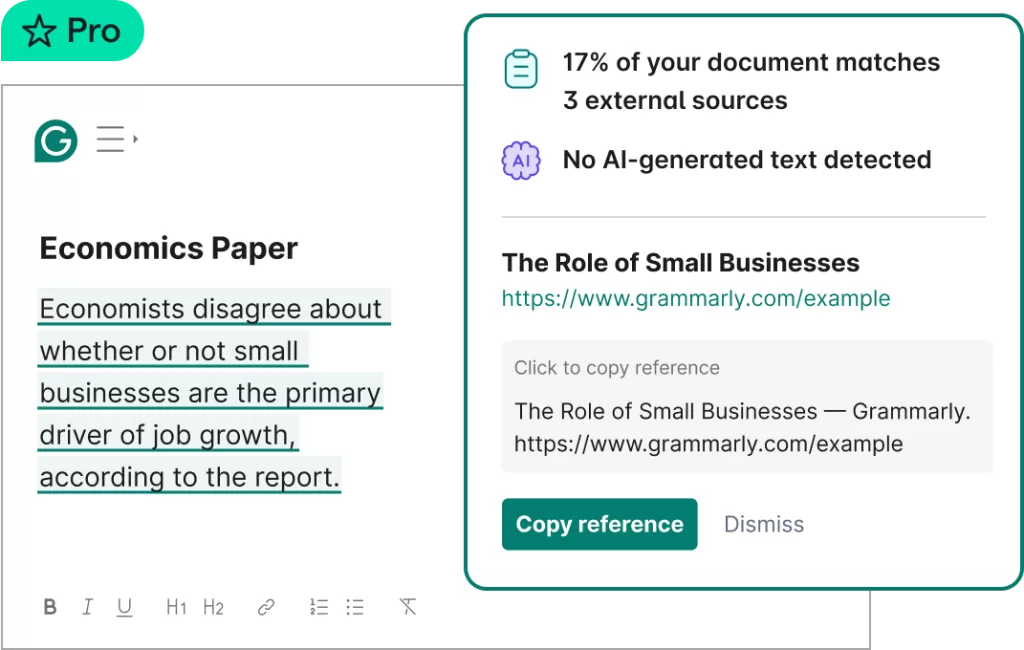 Grammarly’s AI-powered plagiarism checker scans billions of web pages and academic databases to ensure originality in writing, providing real-time detection.