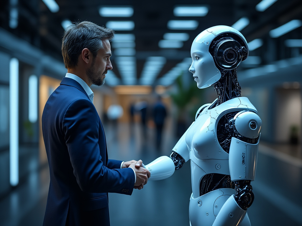 A human and Artificial intelligence (AI) figure shaking hands, symbolizing collaboration